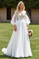 Load image into Gallery viewer, Ivory Long Sleeves A Line Sweep Train Wedding Dress with Lace