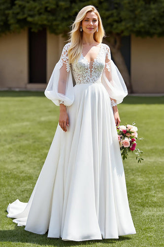 Ivory Long Sleeves A Line Sweep Train Wedding Dress with Lace