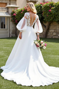 Ivory Long Sleeves A Line Sweep Train Wedding Dress with Lace