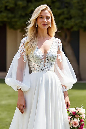 Ivory Long Sleeves A Line Sweep Train Wedding Dress with Lace