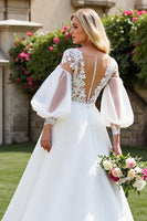 Load image into Gallery viewer, Ivory Long Sleeves A Line Sweep Train Wedding Dress with Lace