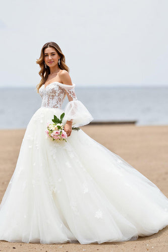 Ivory Tulle Off the Shoulder Sweep Train Wedding Dress with Lace