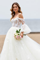 Load image into Gallery viewer, Ivory Tulle Off the Shoulder Sweep Train Wedding Dress with Lace