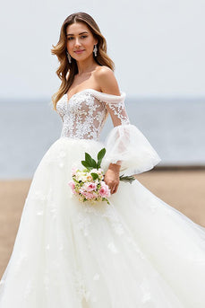 Ivory Tulle Off the Shoulder Sweep Train Wedding Dress with Lace