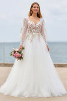 Load image into Gallery viewer, Ivory Floral A Line Sweep Train Wedding Dress with Sleeves