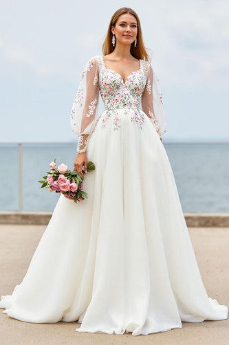 Ivory Floral A Line Sweep Train Wedding Dress with Sleeves
