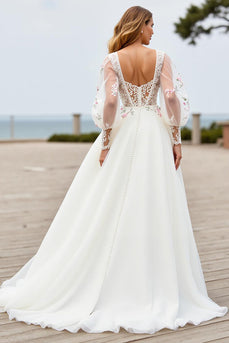 Ivory Floral A Line Sweep Train Wedding Dress with Sleeves
