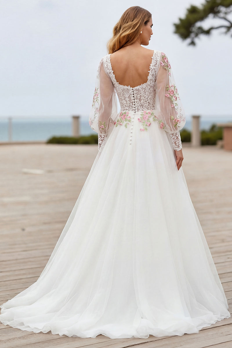 Load image into Gallery viewer, Ivory Floral A Line Sweep Train Wedding Dress with Sleeves