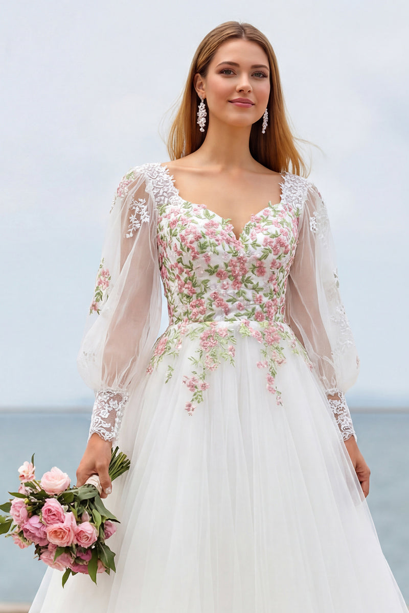 Load image into Gallery viewer, Ivory Floral A Line Sweep Train Wedding Dress with Sleeves