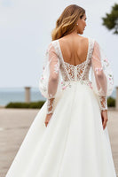 Load image into Gallery viewer, Ivory Floral A Line Sweep Train Wedding Dress with Sleeves