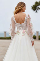 Load image into Gallery viewer, Ivory Floral A Line Sweep Train Wedding Dress with Sleeves