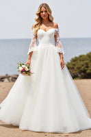 Load image into Gallery viewer, Ivory Off the Shoulder A Line Sweep Train Wedding Dress with Lace