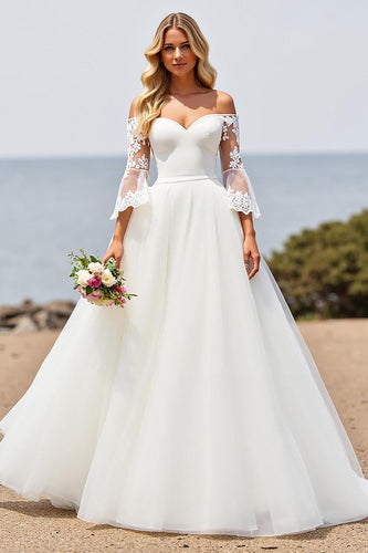 Ivory Off the Shoulder A Line Sweep Train Wedding Dress with Lace