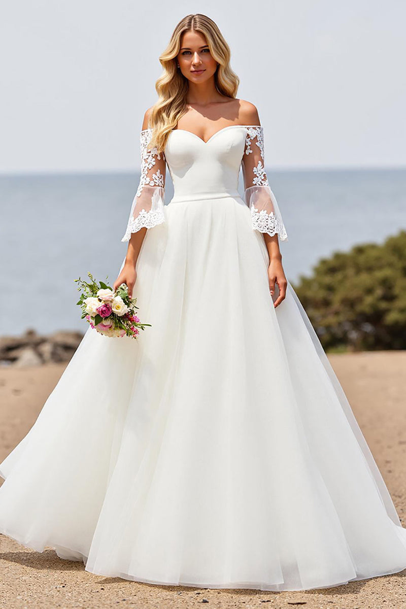 Load image into Gallery viewer, Ivory Off the Shoulder A Line Sweep Train Wedding Dress with Lace