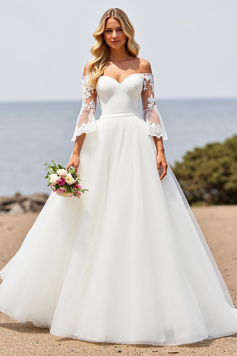 Ivory Off the Shoulder A Line Sweep Train Wedding Dress with Lace