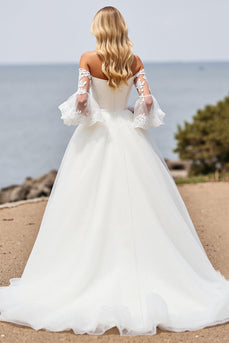Ivory Off the Shoulder A Line Sweep Train Wedding Dress with Lace