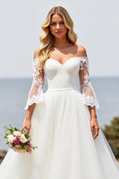 Load image into Gallery viewer, Ivory Off the Shoulder A Line Sweep Train Wedding Dress with Lace