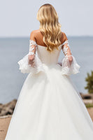 Load image into Gallery viewer, Ivory Off the Shoulder A Line Sweep Train Wedding Dress with Lace