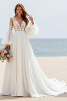 Load image into Gallery viewer, Ivory Puff Sleeves A Line Sweep Train Wedding Dress with Lace