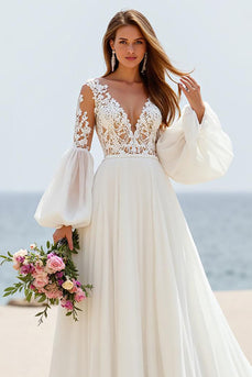 Ivory Puff Sleeves A Line Sweep Train Wedding Dress with Lace