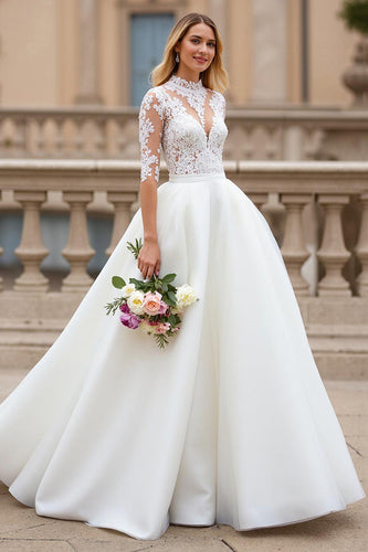 Ivory A Line High Neck Sweep Train Wedding Dress with Lace