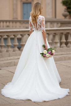 Ivory A Line High Neck Sweep Train Wedding Dress with Lace