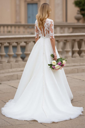 Ivory A Line High Neck Sweep Train Wedding Dress with Lace