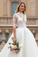 Load image into Gallery viewer, Ivory A Line High Neck Sweep Train Wedding Dress with Lace