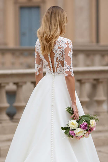 Ivory A Line High Neck Sweep Train Wedding Dress with Lace