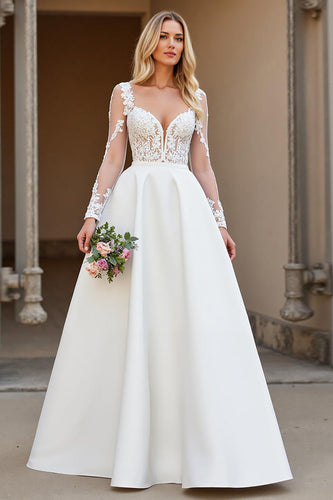 Ivory A Line Satin Backless Sweep Train Wedding Dress with Sleeves