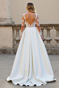 Ivory A Line Satin Backless Sweep Train Wedding Dress with Sleeves