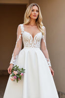 Load image into Gallery viewer, Ivory A Line Satin Backless Sweep Train Wedding Dress with Sleeves