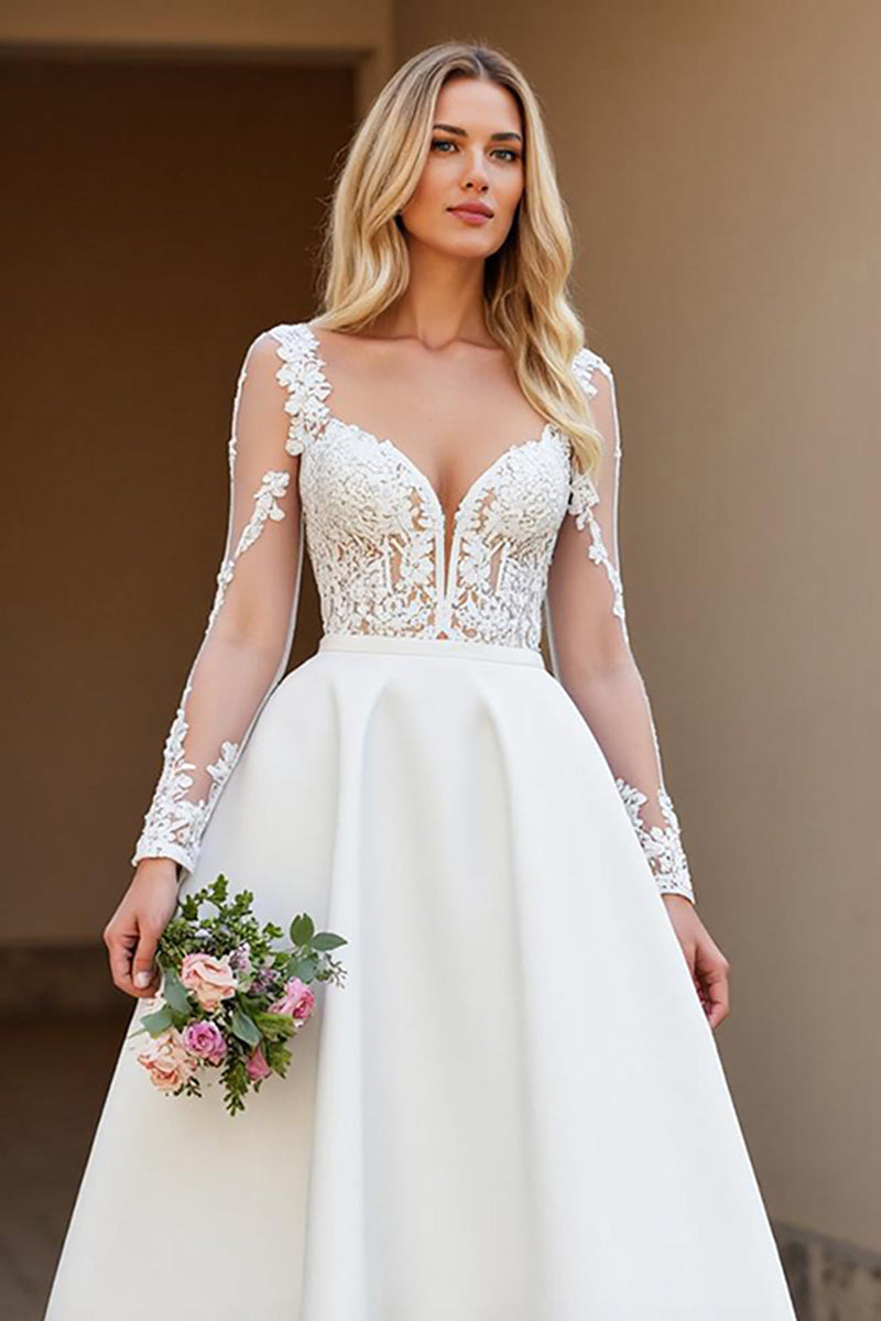Load image into Gallery viewer, Ivory A Line Satin Backless Sweep Train Wedding Dress with Sleeves