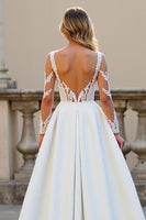 Load image into Gallery viewer, Ivory A Line Satin Backless Sweep Train Wedding Dress with Sleeves