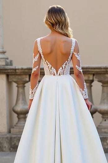 Ivory A Line Satin Backless Sweep Train Wedding Dress with Sleeves