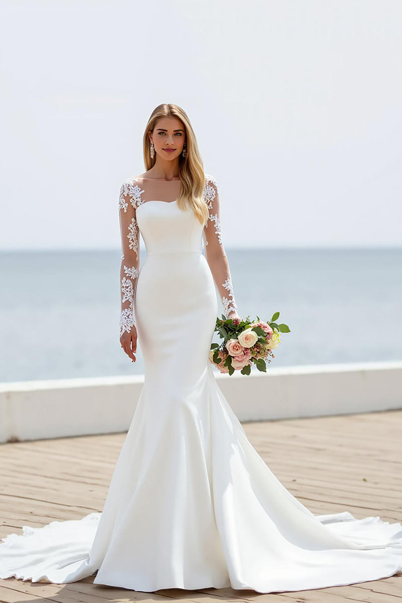 Load image into Gallery viewer, Ivory Illusion Mermaid Bateau Neck Satin Sweep Train Wedding Dress with Lace