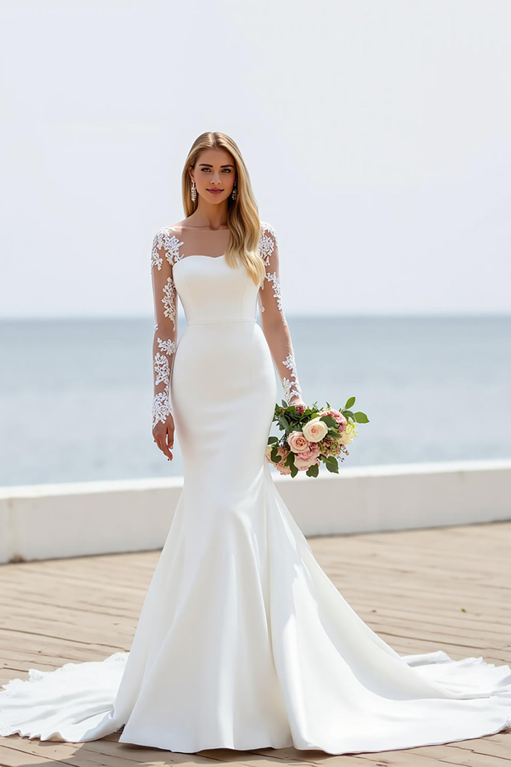 Ivory Illusion Mermaid Bateau Neck Satin Sweep Train Wedding Dress with Lace