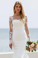 Load image into Gallery viewer, Ivory Illusion Mermaid Bateau Neck Satin Sweep Train Wedding Dress with Lace