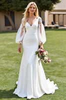 Load image into Gallery viewer, Ivory V-Neck Satin Mermaid Sweep Train Wedding Dress with Lace