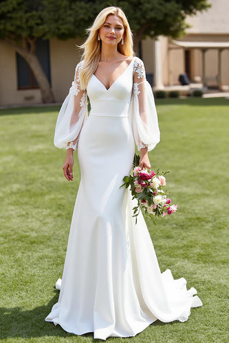 Ivory V-Neck Satin Mermaid Sweep Train Wedding Dress with Lace