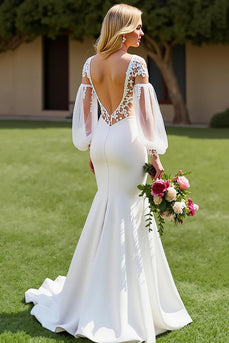 Ivory V-Neck Satin Mermaid Sweep Train Wedding Dress with Lace