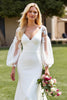 Load image into Gallery viewer, Ivory V-Neck Satin Mermaid Sweep Train Wedding Dress with Lace