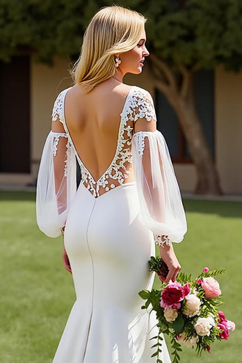 Ivory V-Neck Satin Mermaid Sweep Train Wedding Dress with Lace