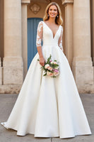 Load image into Gallery viewer, Ivory Satin V-Neck Floor-Length A Line Wedding Dress with Sleeves