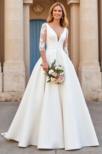 Ivory Satin V-Neck Floor-Length A Line Wedding Dress with Sleeves