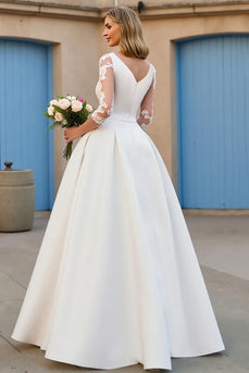 Ivory Satin V-Neck Floor-Length A Line Wedding Dress with Sleeves