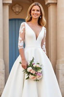 Load image into Gallery viewer, Ivory Satin V-Neck Floor-Length A Line Wedding Dress with Sleeves