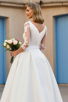 Load image into Gallery viewer, Ivory Satin V-Neck Floor-Length A Line Wedding Dress with Sleeves
