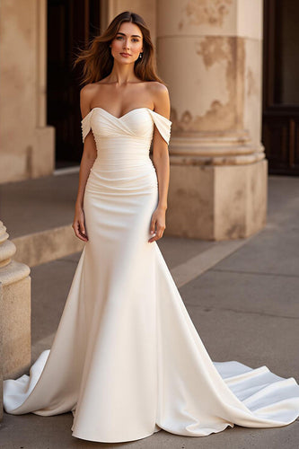Ivory Mermaid Off the Shoulder Satin Sweep Train Wedding Dress