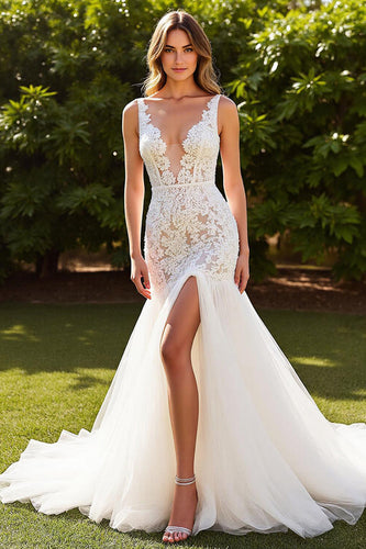 Ivory Mermaid V-Neck Lace Sweep Train Wedding Dress with Slit
